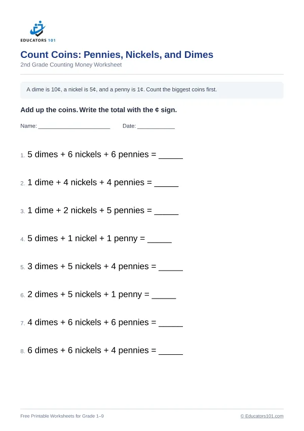 Count Coins: Pennies, Nickels, and Dimes worksheet 13 — 2nd Grade