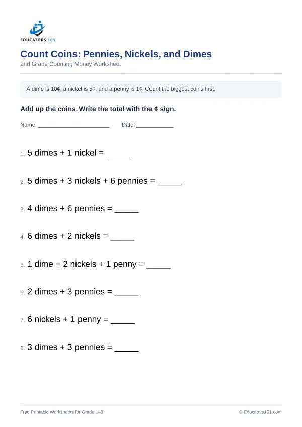 Count Coins: Pennies, Nickels, and Dimes worksheet 14 — 2nd Grade