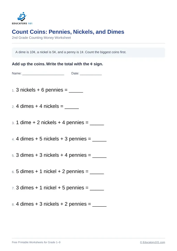 Count Coins: Pennies, Nickels, and Dimes worksheet 15 — 2nd Grade