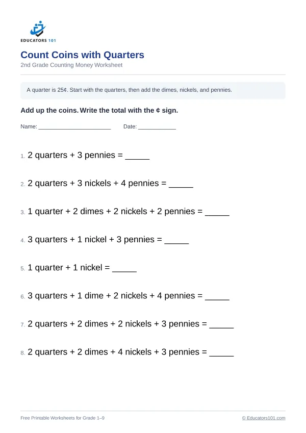 Count Coins with Quarters worksheet 1 — 2nd Grade