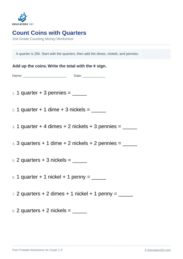 Count Coins with Quarters worksheet 2 — 2nd Grade