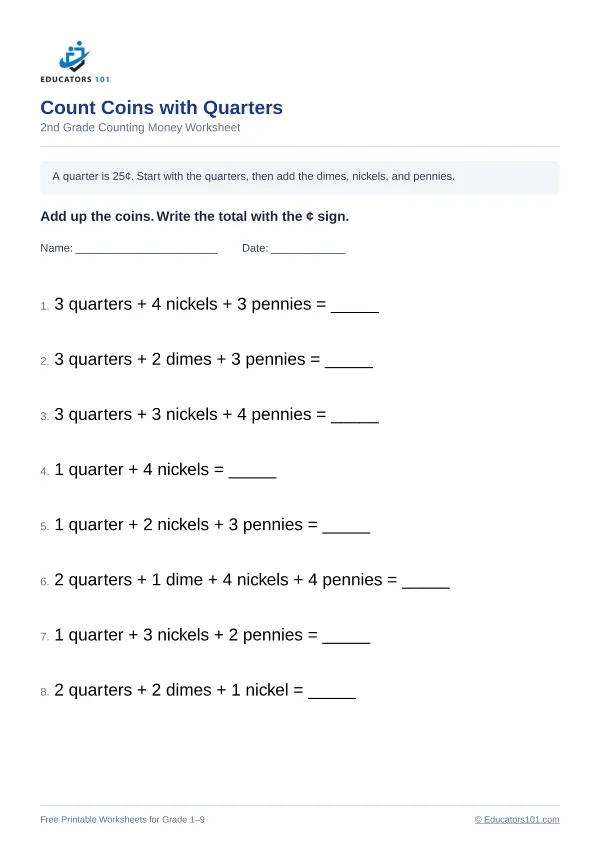 Count Coins with Quarters worksheet 3 — 2nd Grade
