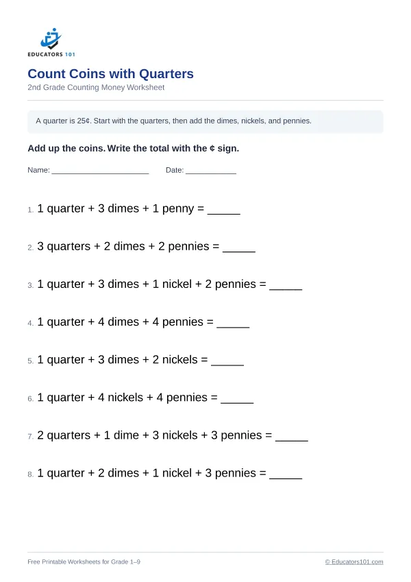 Count Coins with Quarters worksheet 4 — 2nd Grade