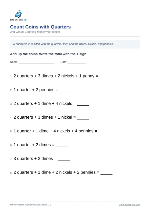 Count Coins with Quarters worksheet 5 — 2nd Grade