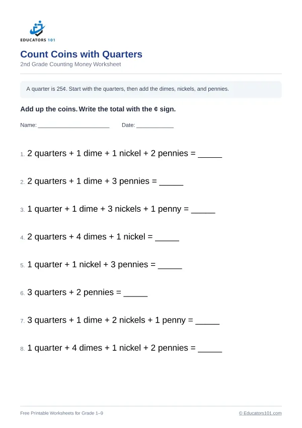 Count Coins with Quarters worksheet 6 — 2nd Grade