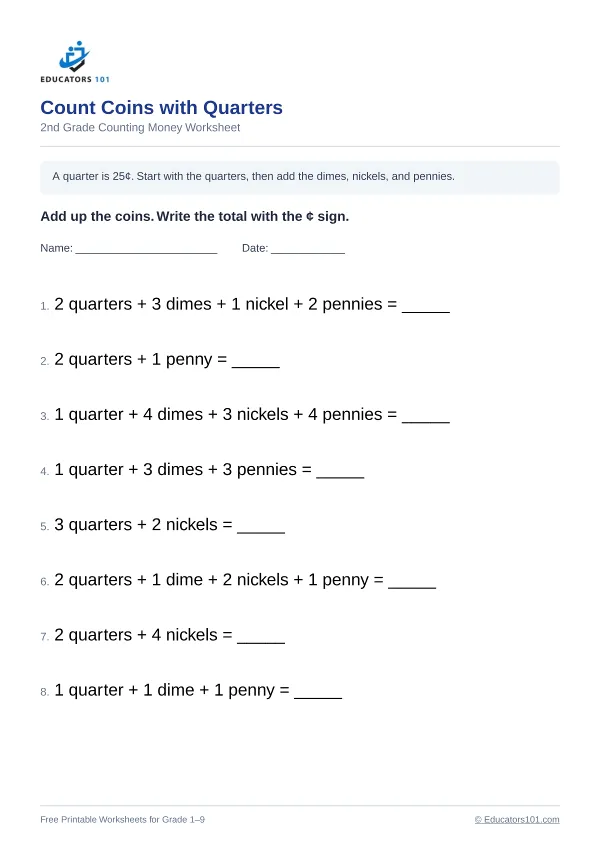 Count Coins with Quarters worksheet 7 — 2nd Grade