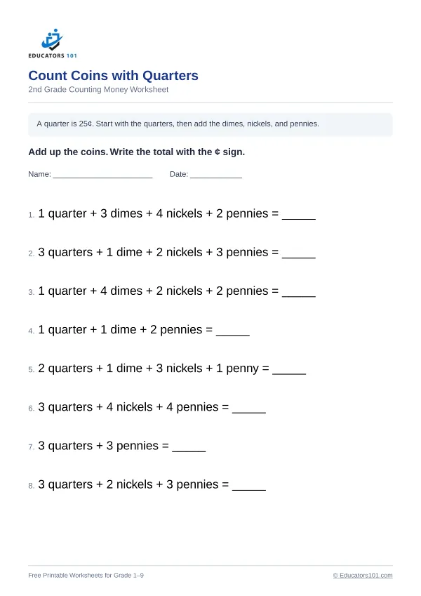 Count Coins with Quarters worksheet 8 — 2nd Grade