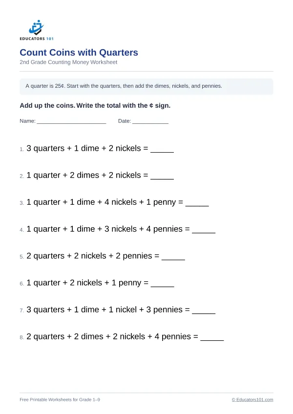 Count Coins with Quarters worksheet 9 — 2nd Grade