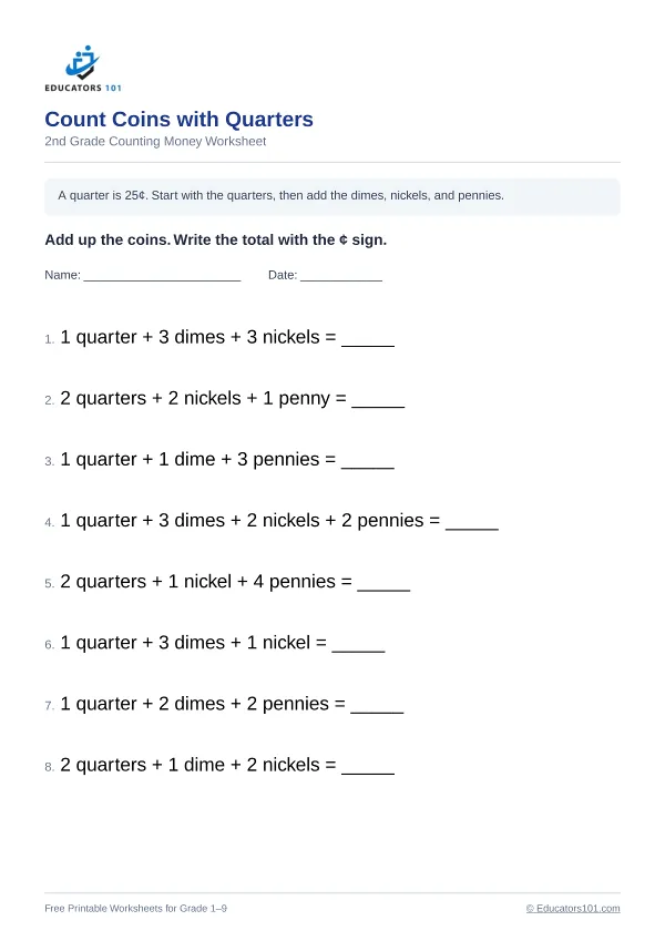 Count Coins with Quarters worksheet 10 — 2nd Grade