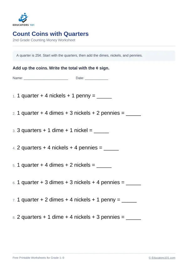 Count Coins with Quarters worksheet 11 — 2nd Grade