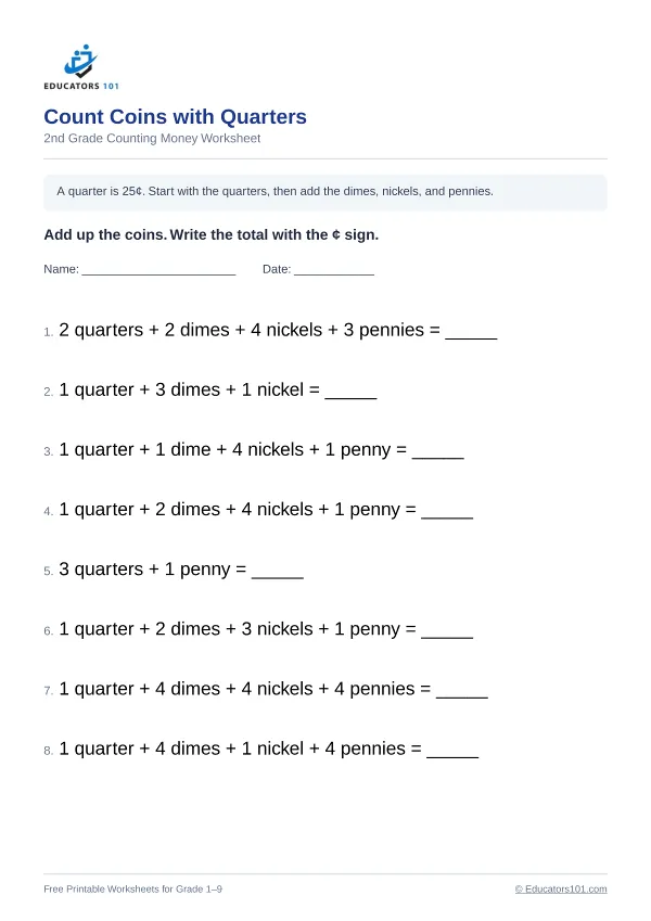 Count Coins with Quarters worksheet 12 — 2nd Grade