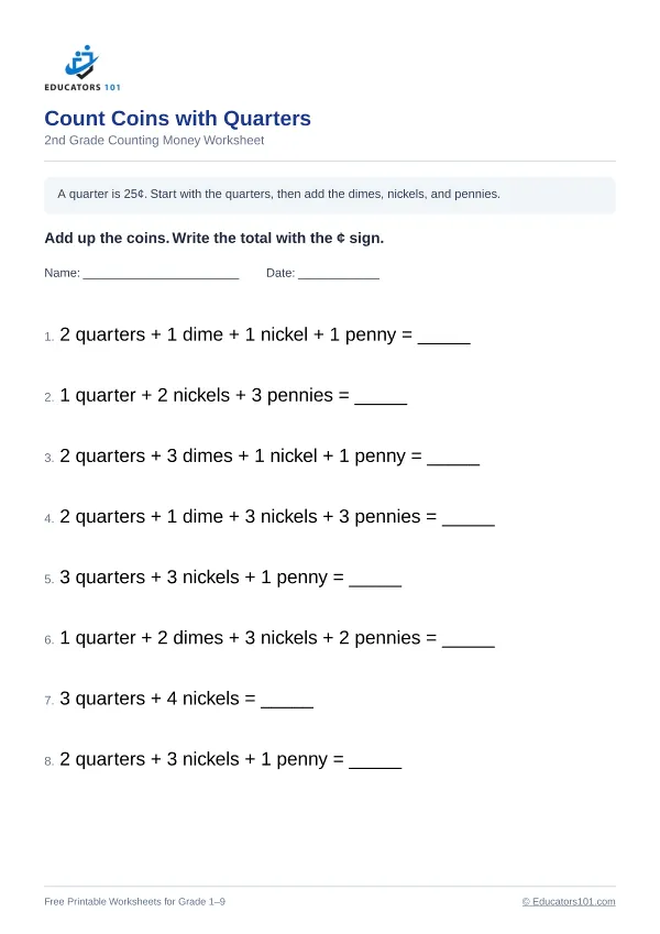 Count Coins with Quarters worksheet 13 — 2nd Grade