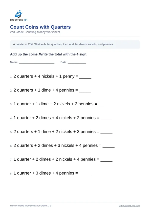 Count Coins with Quarters worksheet 14 — 2nd Grade