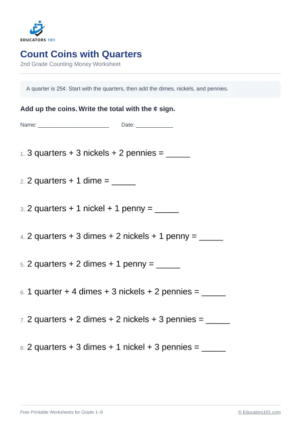 Count Coins with Quarters worksheet 15 — 2nd Grade