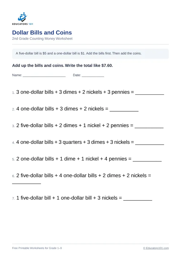 Dollar Bills and Coins worksheet 1 — 2nd Grade