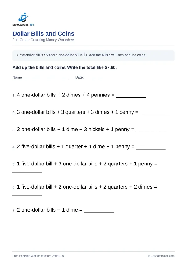 Dollar Bills and Coins worksheet 2 — 2nd Grade
