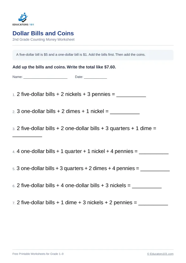 Dollar Bills and Coins worksheet 3 — 2nd Grade