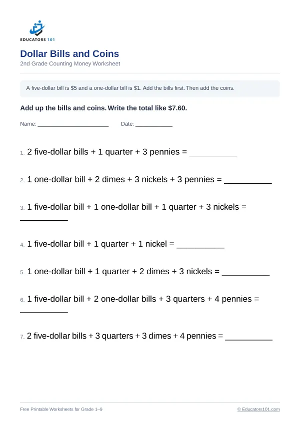 Dollar Bills and Coins worksheet 4 — 2nd Grade