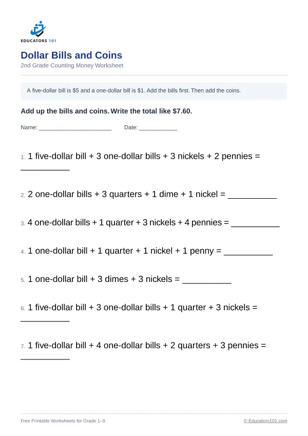 Dollar Bills and Coins worksheet 5 — 2nd Grade