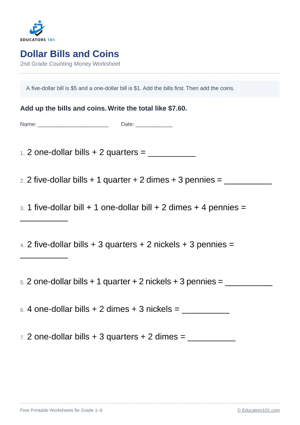 Dollar Bills and Coins worksheet 6 — 2nd Grade