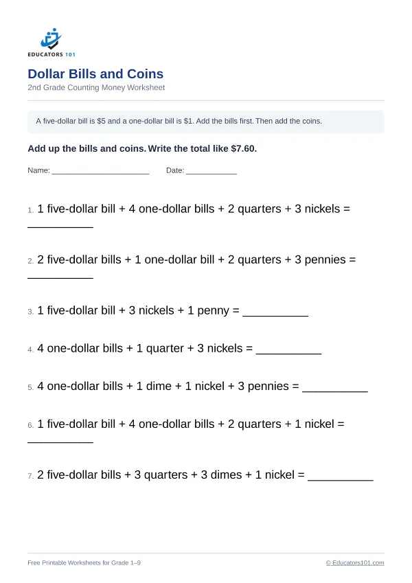 Dollar Bills and Coins worksheet 7 — 2nd Grade