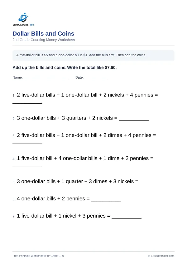 Dollar Bills and Coins worksheet 8 — 2nd Grade