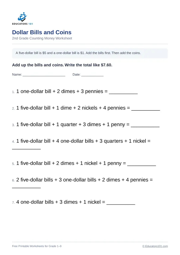 Dollar Bills and Coins worksheet 9 — 2nd Grade