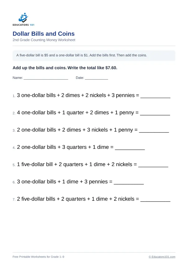 Dollar Bills and Coins worksheet 10 — 2nd Grade