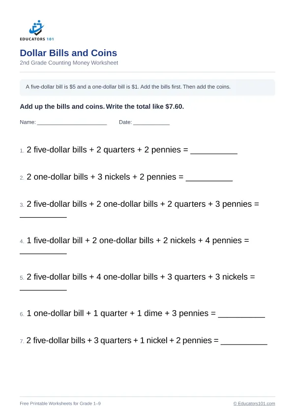 Dollar Bills and Coins worksheet 11 — 2nd Grade