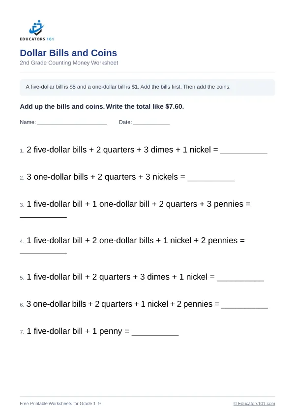 Dollar Bills and Coins worksheet 12 — 2nd Grade