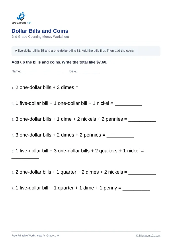 Dollar Bills and Coins worksheet 13 — 2nd Grade