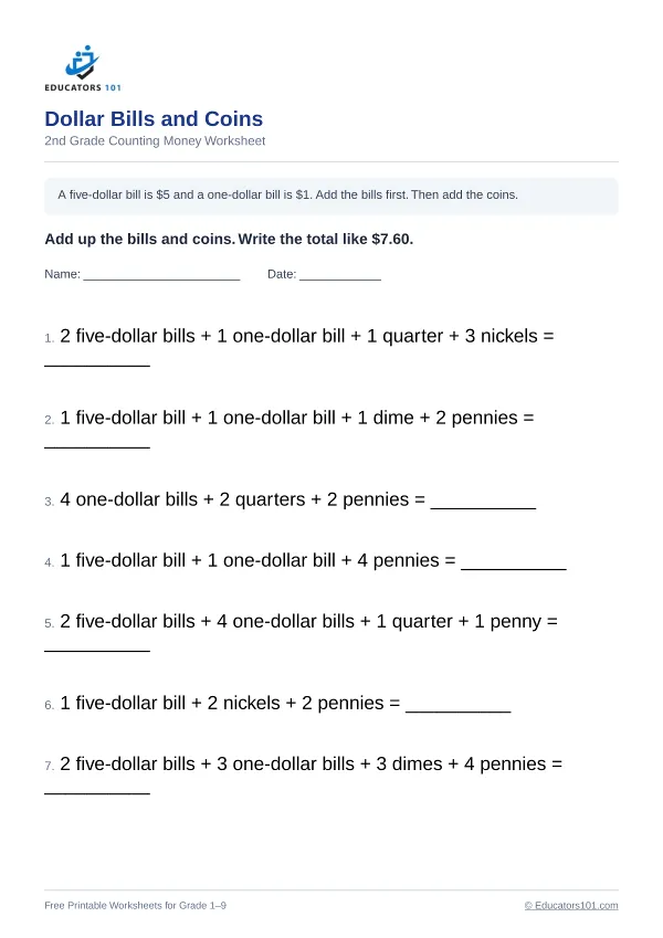 Dollar Bills and Coins worksheet 14 — 2nd Grade