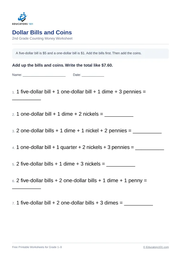 Dollar Bills and Coins worksheet 15 — 2nd Grade