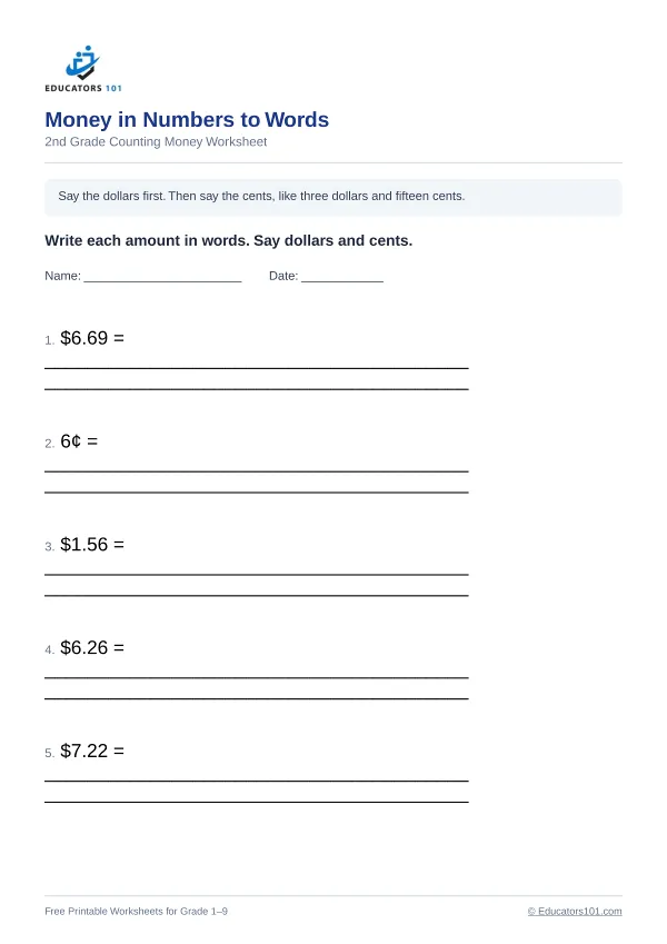 Money in Numbers to Words worksheet 1 — 2nd Grade