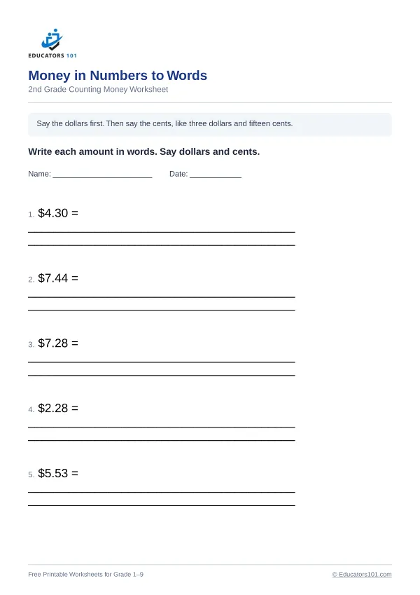 Money in Numbers to Words worksheet 8 — 2nd Grade