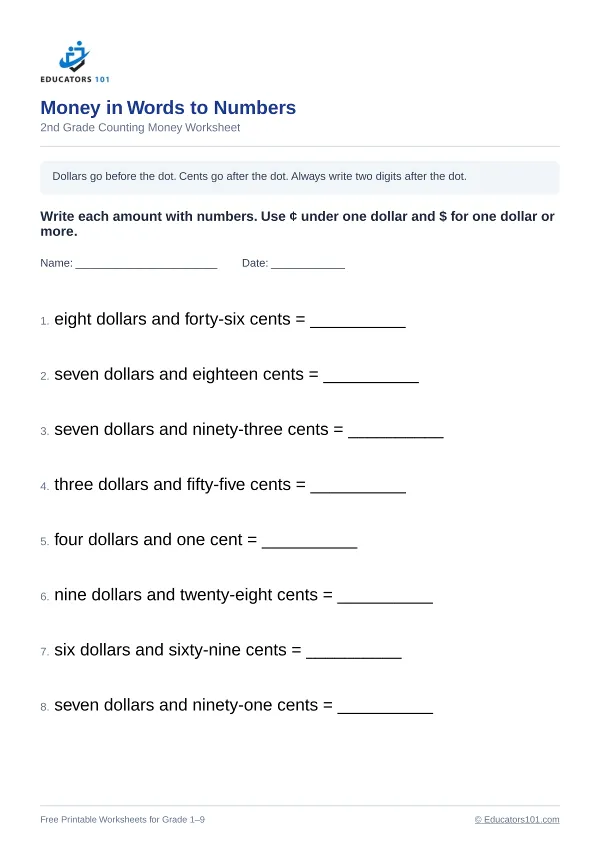 Money in Words to Numbers worksheet 1 — 2nd Grade