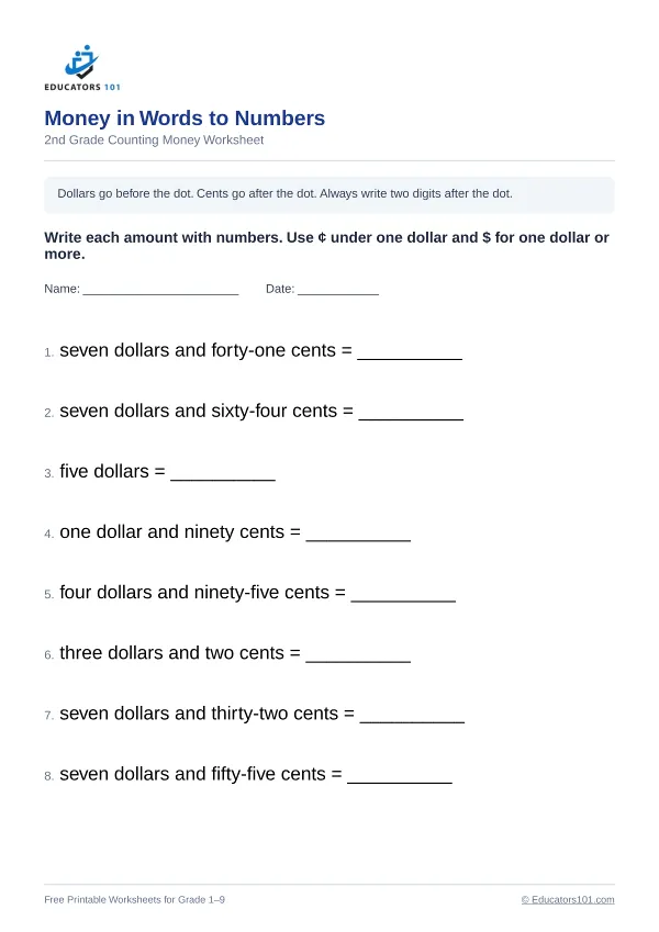 Money in Words to Numbers worksheet 2 — 2nd Grade
