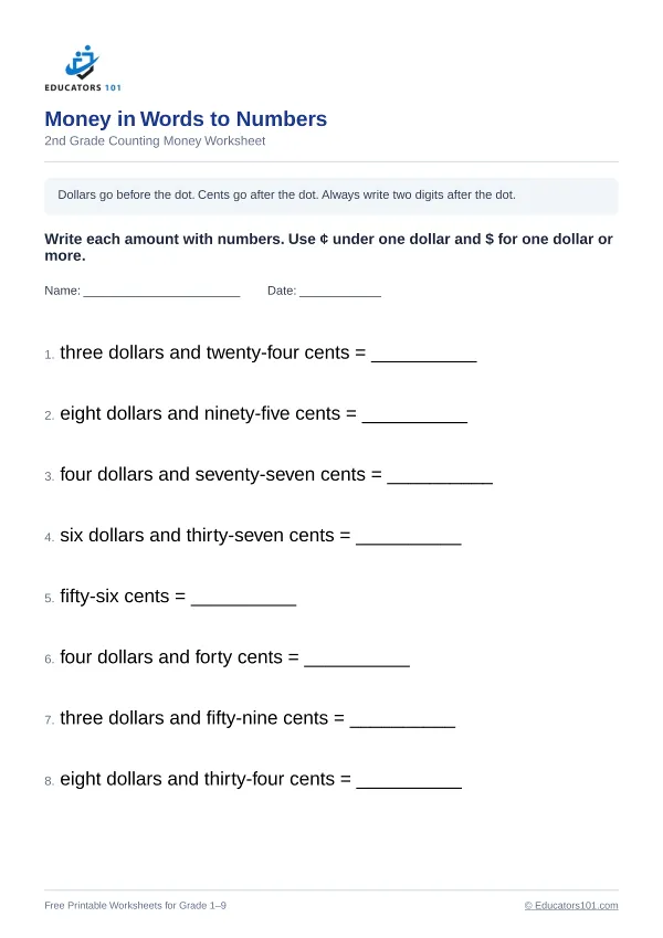 Money in Words to Numbers worksheet 3 — 2nd Grade