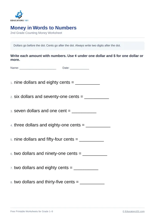 Money in Words to Numbers worksheet 4 — 2nd Grade