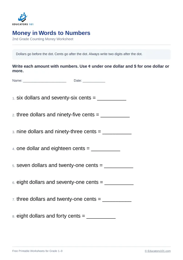 Money in Words to Numbers worksheet 5 — 2nd Grade