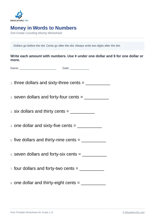 Money in Words to Numbers worksheet 6 — 2nd Grade
