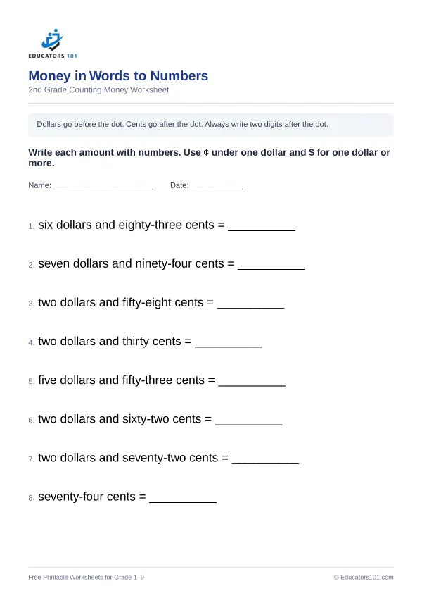 Money in Words to Numbers worksheet 7 — 2nd Grade