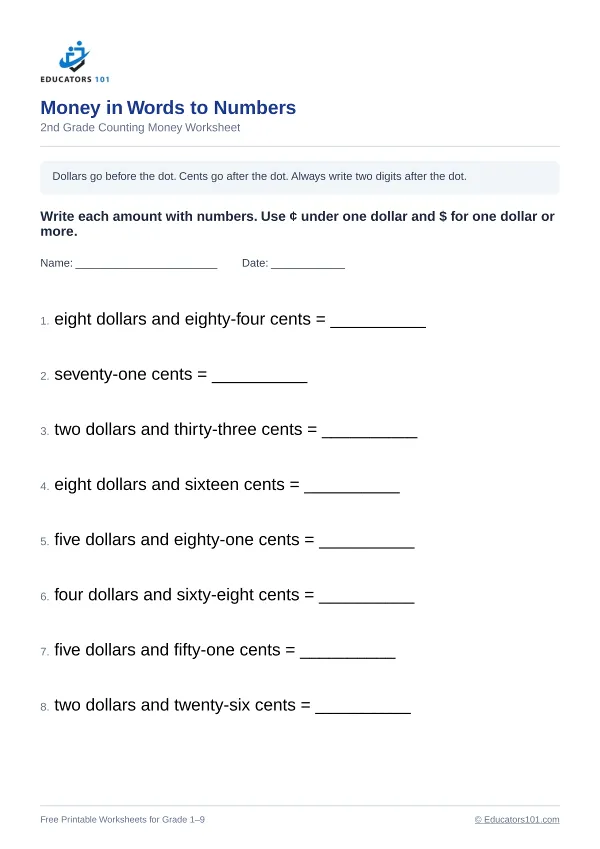 Money in Words to Numbers worksheet 9 — 2nd Grade