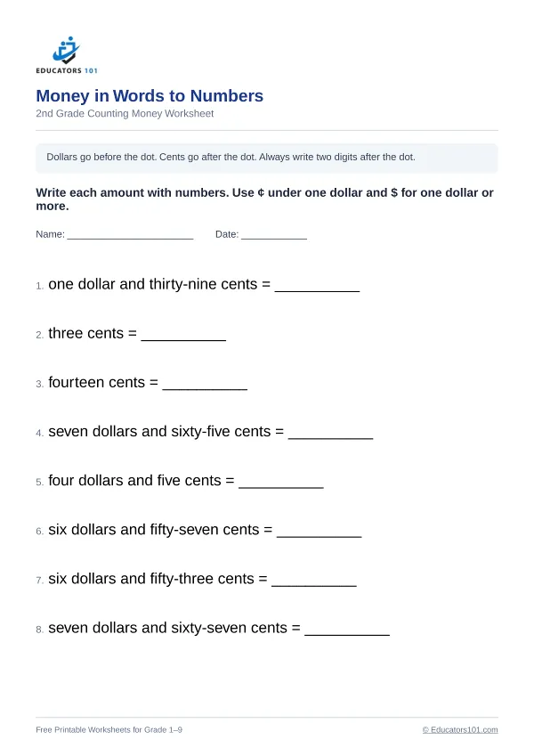 Money in Words to Numbers worksheet 10 — 2nd Grade