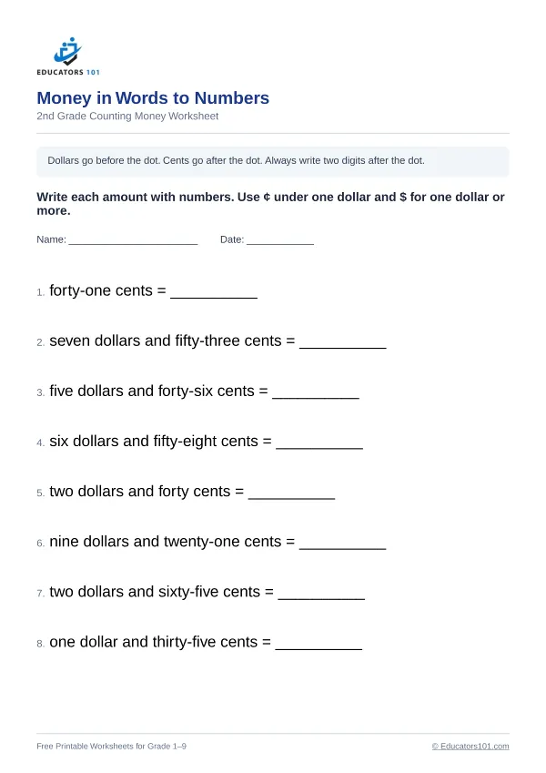 Money in Words to Numbers worksheet 11 — 2nd Grade