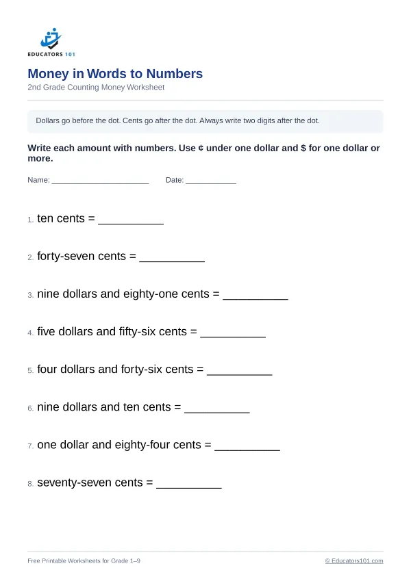 Money in Words to Numbers worksheet 12 — 2nd Grade