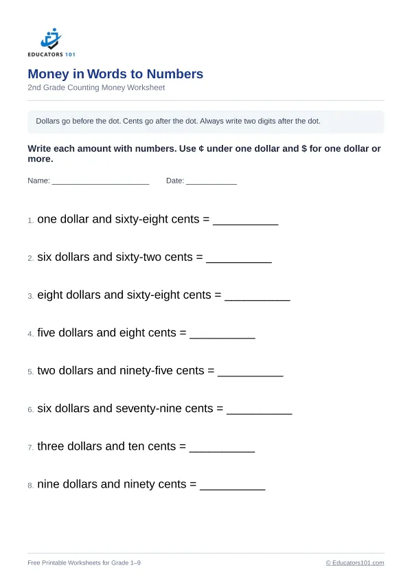 Money in Words to Numbers worksheet 13 — 2nd Grade