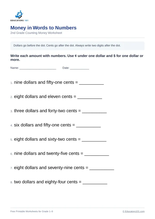 Money in Words to Numbers worksheet 15 — 2nd Grade