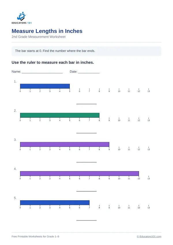 Measure Lengths in Inches worksheet 9 — 2nd Grade