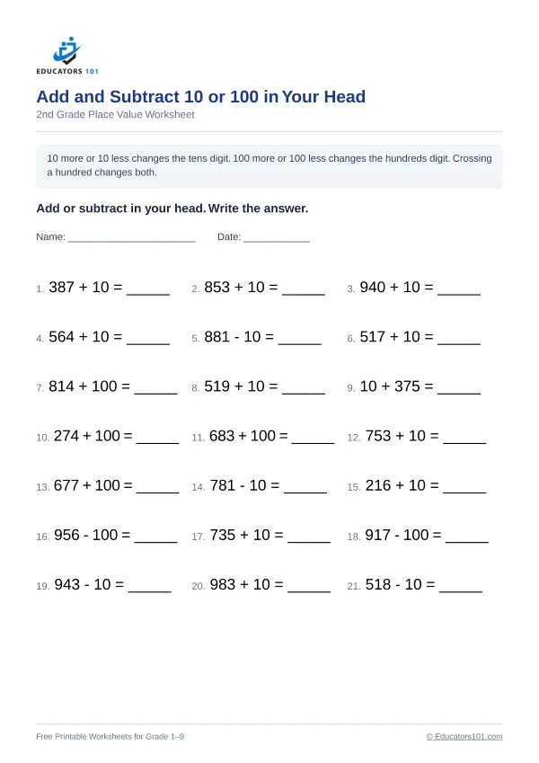 Add and Subtract 10 or 100 in Your Head worksheet 9 — 2nd Grade
